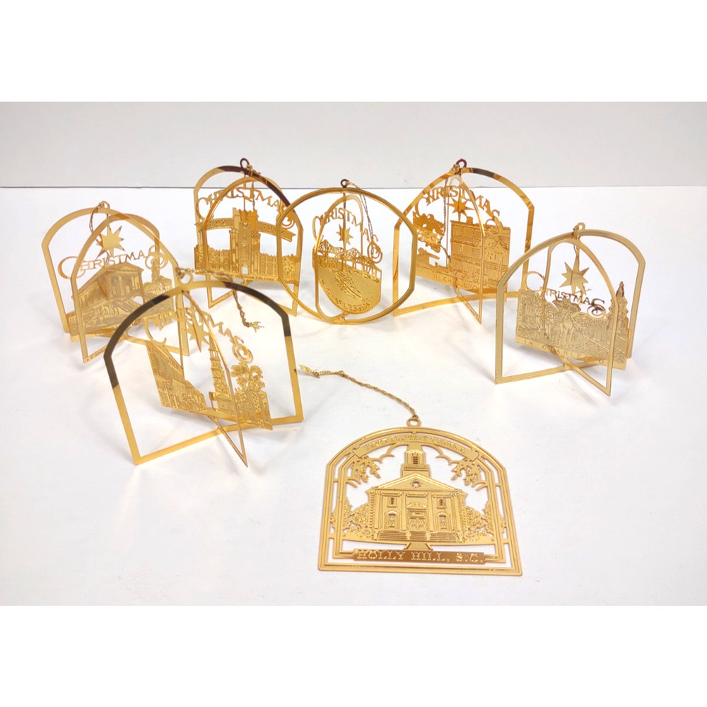 Lot of 7 VTG 90s CHARLESTON SC Novelty 24K Gold Plate Flat Christmas Ornaments